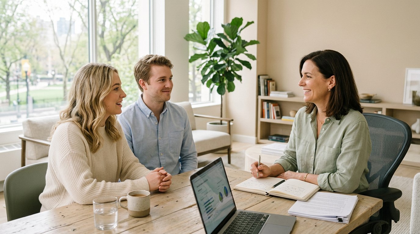 A couple having a relaxed conversation with a financial professional in a bright office